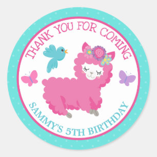 Schattig bloemendesign roze Lama verjaardag Ronde Sticker