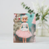 Schattig Blond Doll in Roze Kerstmis Briefkaart (Staand voorkant)