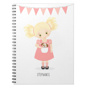 Schattig blond verjaardagsmeisje en puppy notitieboek