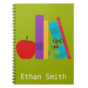 Schattig boekenwurm met appel kinderontwerp notitieboek