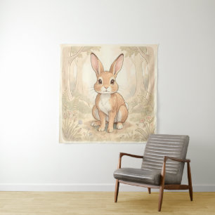 Schattig bruin konijn in een bos wandkleed