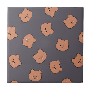 Schattig Bruin Teddibeer Gezicht Patroon Donkerbla Tegeltje