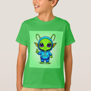 Schattig buitenaards karakter poserend in kleurrij t-shirt