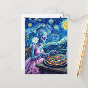 Schattig Buitenaards Wezen in Roze Jurk Eet Pizza  Briefkaart