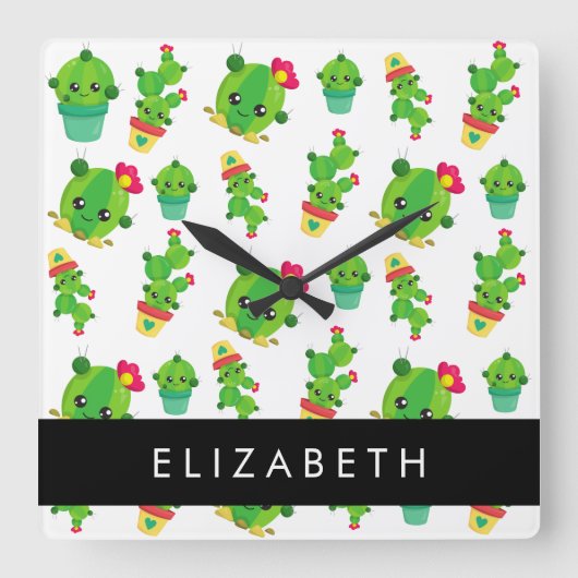 Schattig Cactus, Cactus Pattern, Succulent, Jouw n Vierkante Klok (Voorkant)