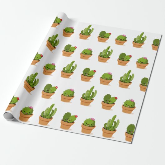 Schattig Cactus Characters Wrapping Paper Cadeaupapier (Uitgerold)
