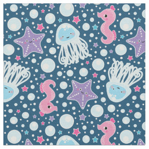 Schattig Cartoon aquatisch patroon Blauw en roze Stof