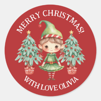 Schattig Cartoon Elf Meisje Prettig Kerst Favoriet Ronde Sticker