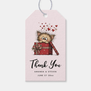 Schattig Cartoon Kitten in een Doos met Hartjes - Cadeaulabel