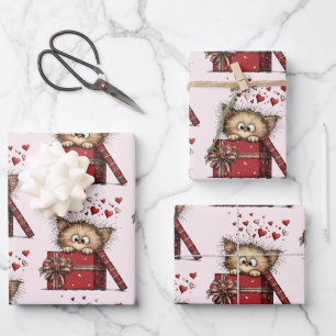 Schattig Cartoon Kitten in een Doos met Hartjes Pa Inpakpapier Vel