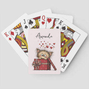 Schattig Cartoon Kitten in een Doos met Hartjes Pokerkaarten