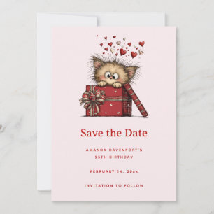 Schattig Cartoon Kitten in een Doos met Hartjes Ve Save The Date