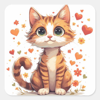 Schattig Cartoon Kitten Met Bloemhartens Feest 🌷 Vierkante Sticker