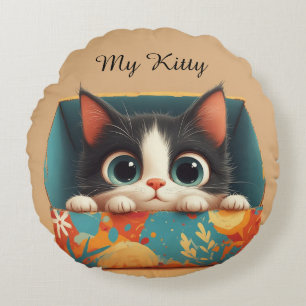 Schattig Cartoon Kitten Met Grote Ogen Rond Kussen