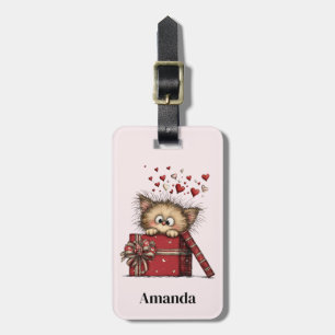 Schattig Cartoon Kitten met Hartjes Bagagelabel