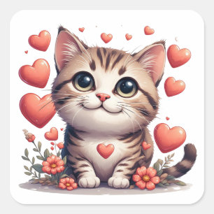 Schattig Cartoon Kitten Met Hartjes En Bloemen 🐱 Vierkante Sticker