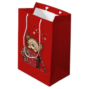 Schattig Cartoon Kitten met Hartjes Medium Cadeauzakje