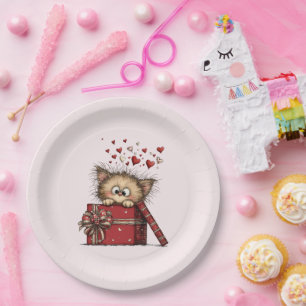 Schattig Cartoon Kitten met Hartjes Papieren Bordje