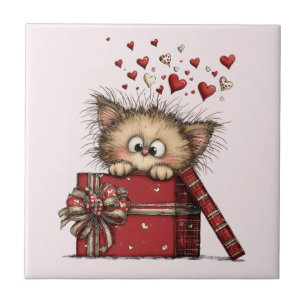 Schattig Cartoon Kitten met Hartjes Tegeltje