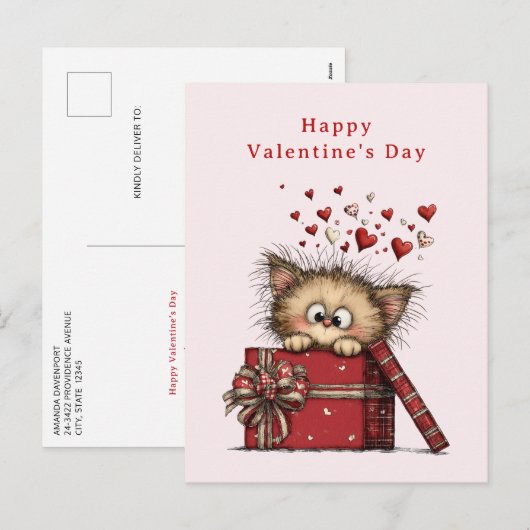 Schattig Cartoon Kitten met Hartjes Valentijnsdag Feestdagenkaart (Voorkant / Achterkant)