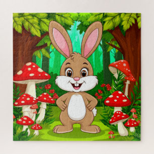 Schattig cartoon konijn staat in een weelderig bos legpuzzel