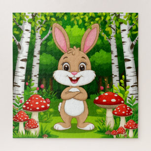 Schattig cartoon konijn staat in een weelderig bos legpuzzel