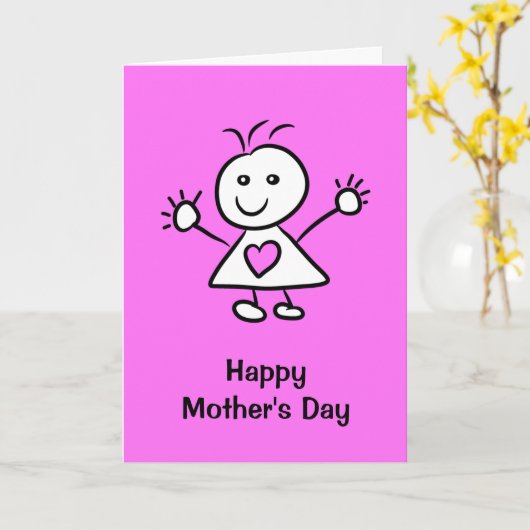 Schattig Cartoon Meisje Roze Paars Moederdag Kaart (Gele Bloem)