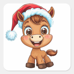 Schattig Cartoon Paard in Kerstmuts en Sjaal Vierkante Sticker