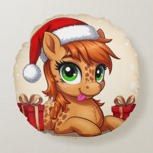 Schattig Cartoon Paardje in Kerstmannenhoed Rond Kussen