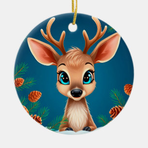 Schattig Cartoon Rendier in de Winter met Dennenap Keramisch Ornament
