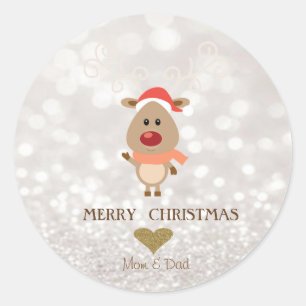 Schattig Cartoon rendiertje, Santa Hat, Glittery B Ronde Sticker
