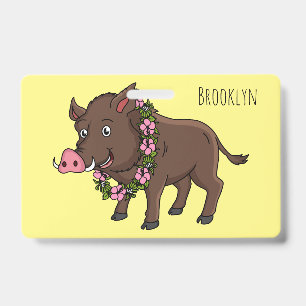 Schattig cartoon wild zwijn en bloemen badge