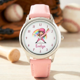 Schattig Cartoonees Meisje Honkbalspeler in Roze Horloge