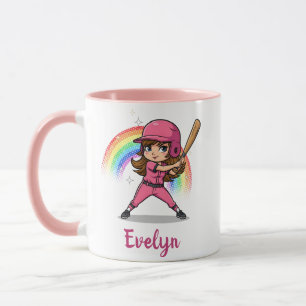 Schattig Cartoonees Meisje Honkbalspeler in Roze Mok