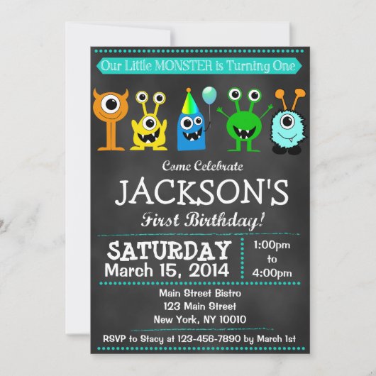 Schattig Chalkboard Monster Bash First Birthday Kaart (Voorkant)