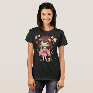 Schattig Chibi Japans Meisje Kimono Bamboefluit T-shirt
