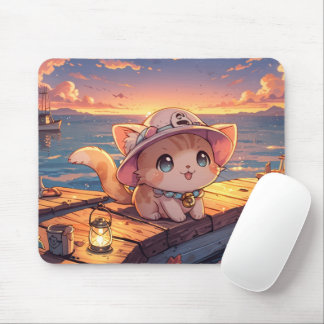 Schattig Chibi Kitten bij de Haven Zonsondergang – Muismat