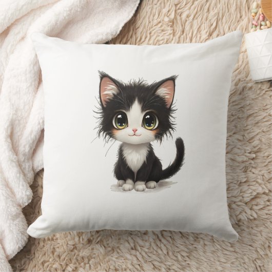 Schattig chibi kitten met pluizig zwart-wit kussen (Deken)
