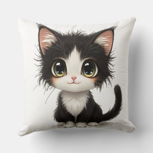 Schattig chibi kitten met pluizig zwart-wit kussen (Achterkant)