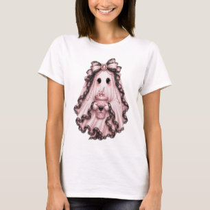 Schattig Coffee Geest Halloween T-Shirt Roze Coq
