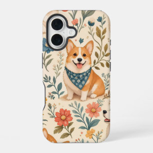 Schattig Corgi Bloem Tuin Patroon iPhone 16 Hoesje