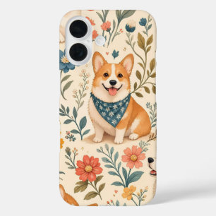 Schattig Corgi Bloementuin Patroon iPhone 16 Hoesje