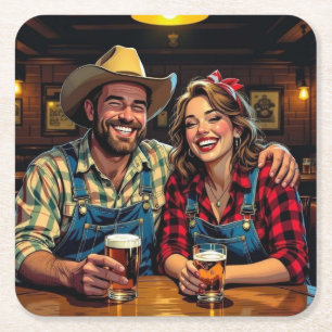 Schattig Cowboy Land en Westerse Bar Koppel Vierkante Kartonnen Onderzetter