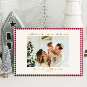 Schattig Cranberryrood Geruit Twee Foto Kerstmis Feestdagenkaart
