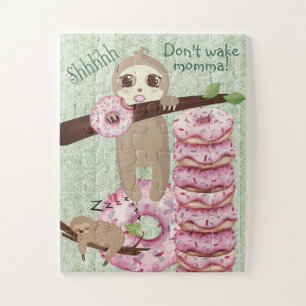 Schattig curieus Donut Eating Sloth Momma Slapen Legpuzzel