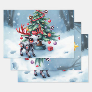 Schattig Cyberpunk Rendier met Kerstboom Inpakpapier Vel