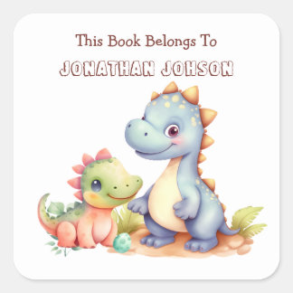 Schattig Dinosaurus Whimsisch Kinderen Boekplaat Vierkante Sticker