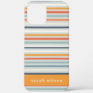 Schattig donkeroranje blauw oker gestreept patroon iPhone 12 pro max hoesje