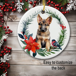 Schattig Duits Herder Pup Waterverf Poinsettia Keramisch Ornament