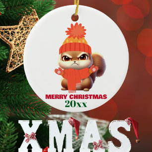 Schattig eekhoorn kerstmuts vrolijk kerstfeest, op glas ornament